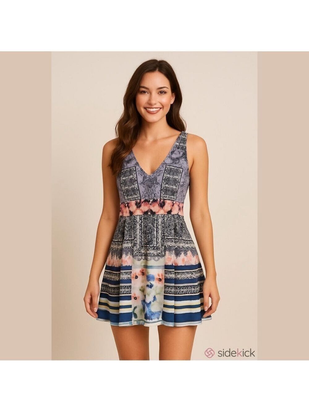 Aqua Floral Batik Mini Dress XS Cocktail Navy A Line Stretch Fit & Flare Party